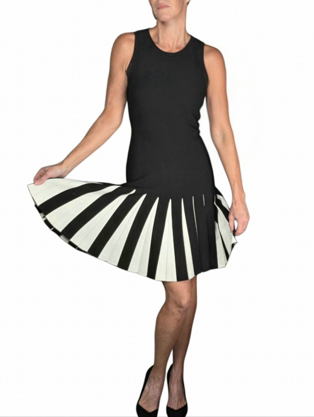 MILLY Pleated Contrast Panel Knit Dress In Black/White